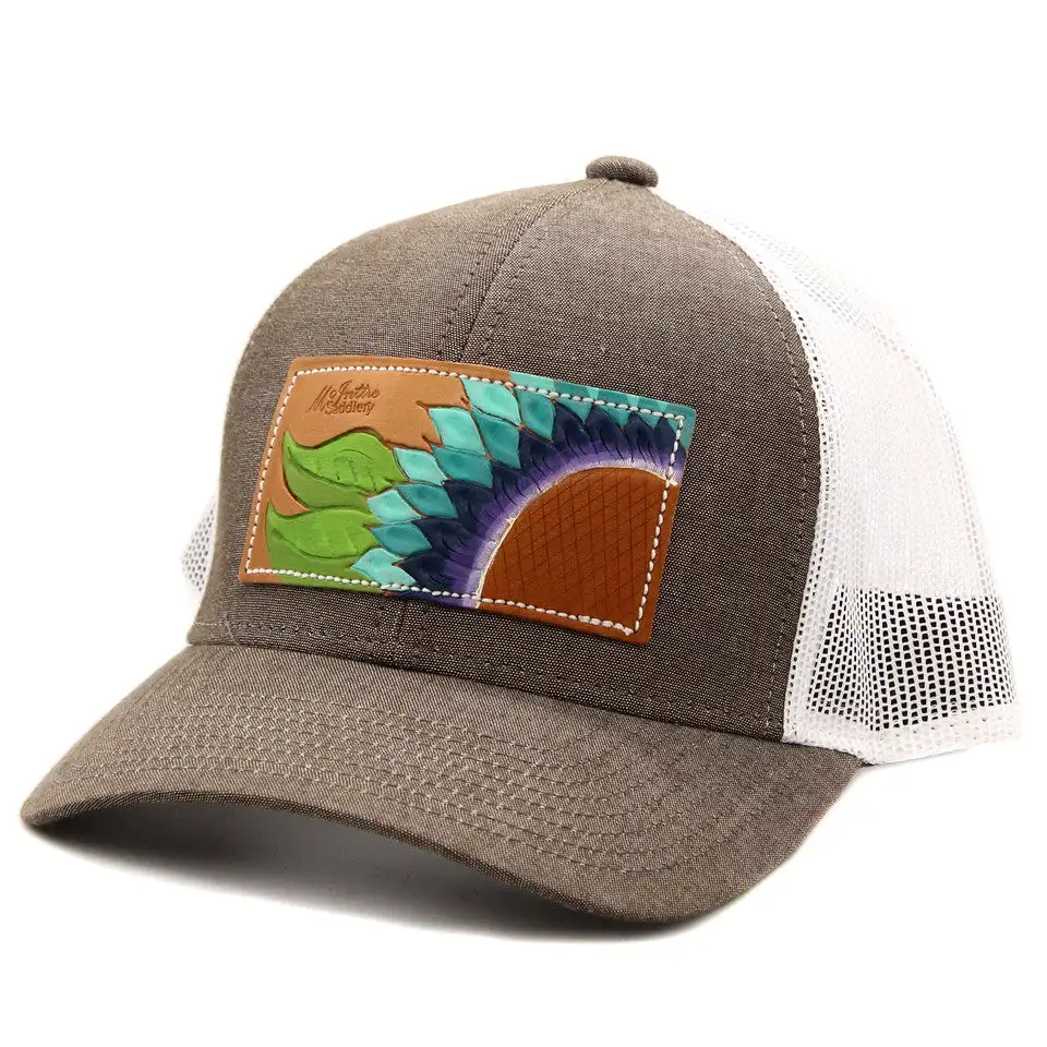 MCINTIRE SADDLERY Blue Sunflower Leather Patch Cap