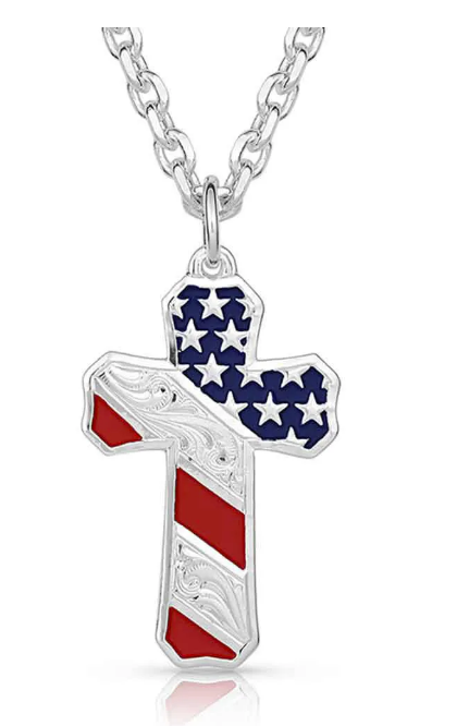 Group Montanta Silversmith Montana Silversmiths Born In The USA Patriotic Cross Necklace
