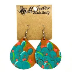 MCINTIRE SADDLERY Turquoise Cactus Leather Bell Earrings