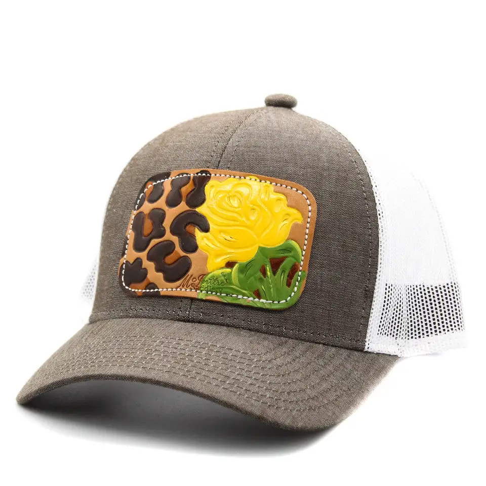 MCINTIRE SADDLERY Leopard Yellow Rose Leather Patch Cap
